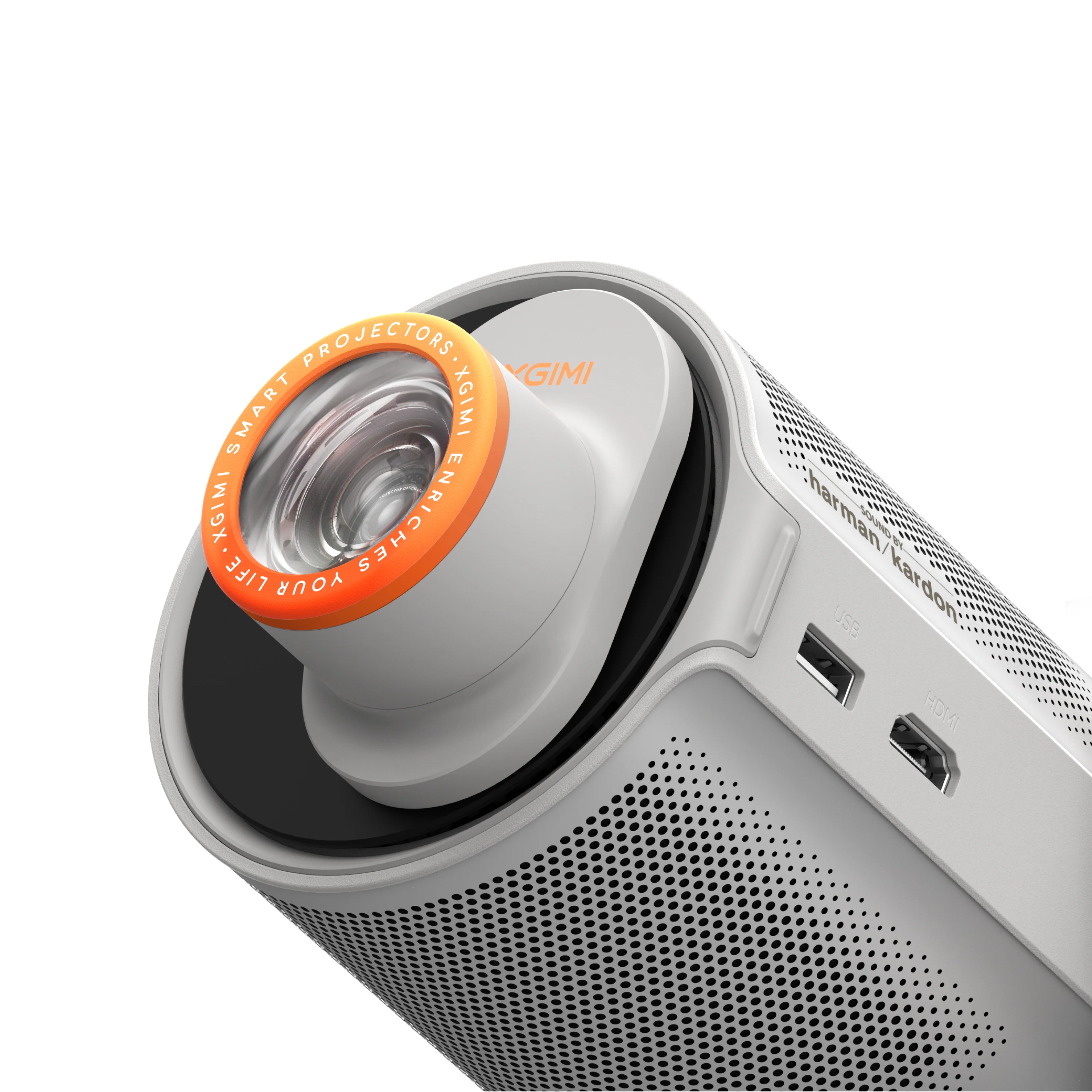 Xgimi Mogo 4 portable projector displaying colorful images on a wall, compact design with built-in lens and control buttons.