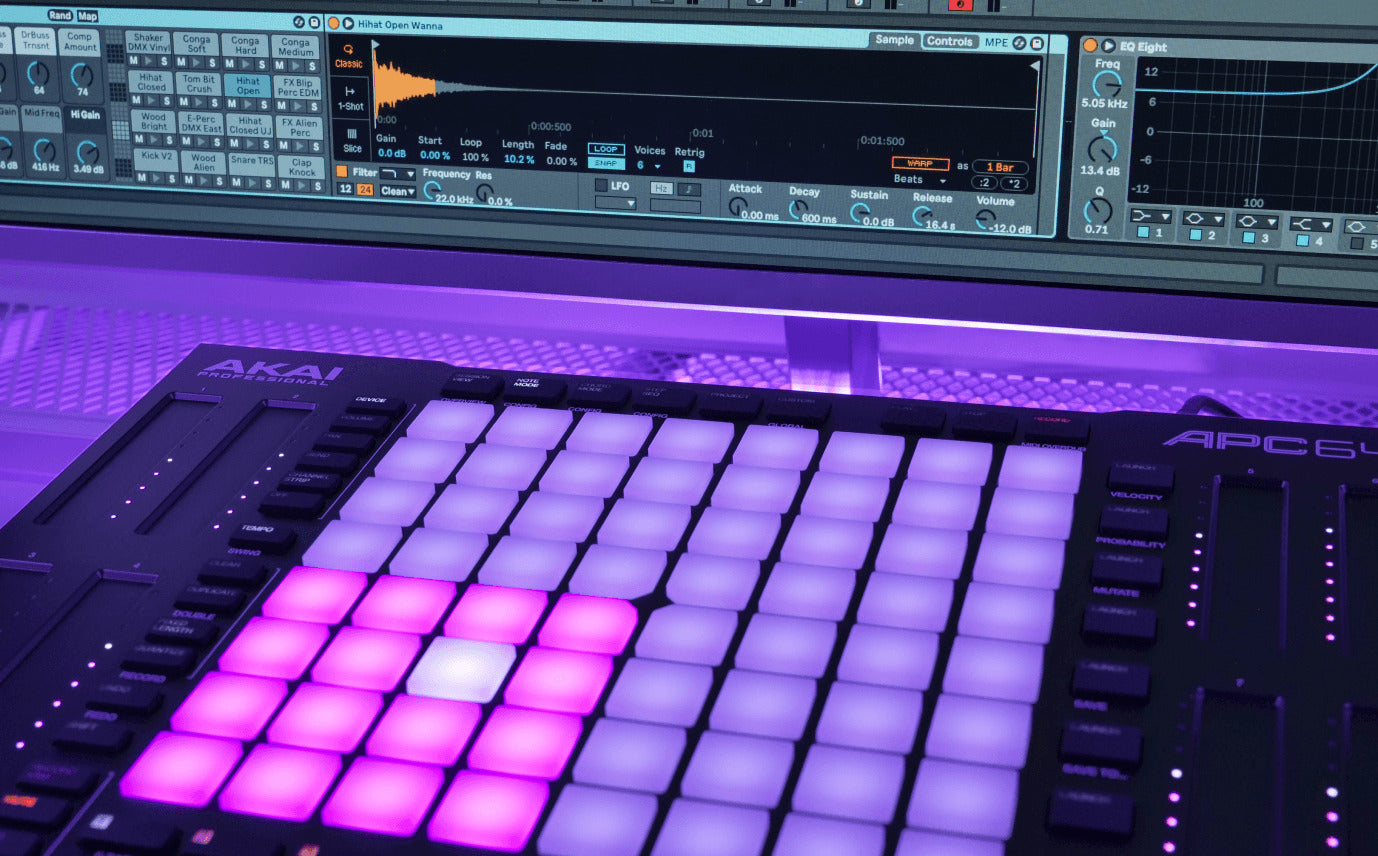 Akai Professional APC64 MIDI controller with Ableton drum pack software interface and 64 pads for music production.