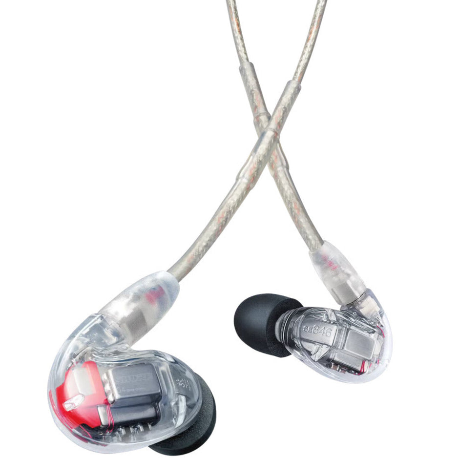 Shure SE846 Gen 2 wired in-ear headphones with detachable cables and clear sound isolation, shown with their sleek design.