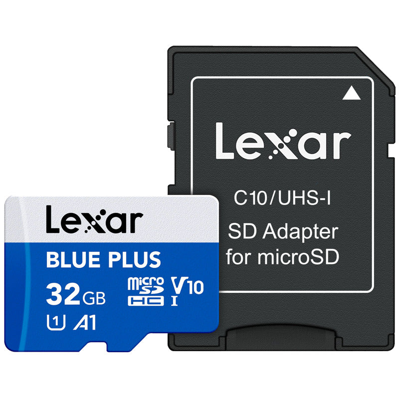 Lexar Blue Plus microSDHC UHS-I memory card with SD adapter, suitable for smartphones, tablets, and cameras.