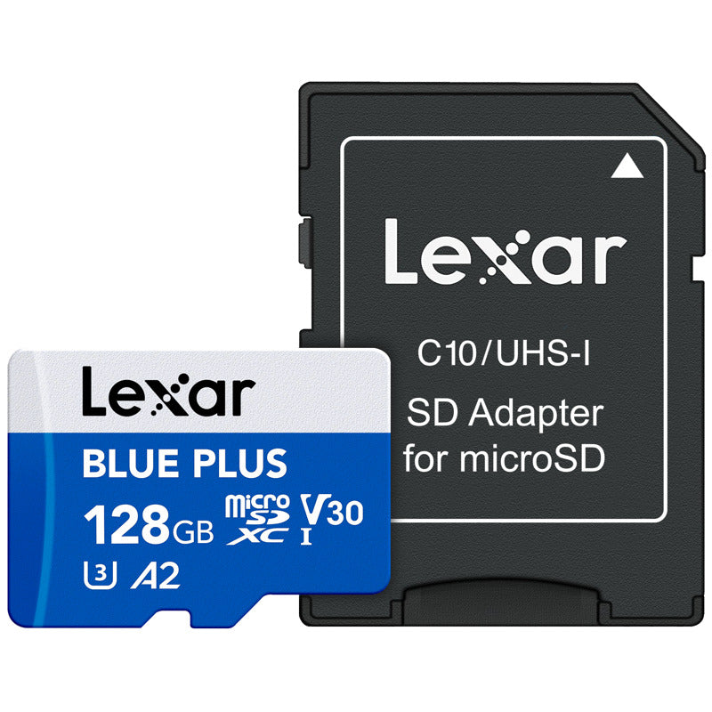Lexar Blue Plus microSDHC/SDXC UHS-I memory card with SD adapter, compact storage solution for cameras and devices.