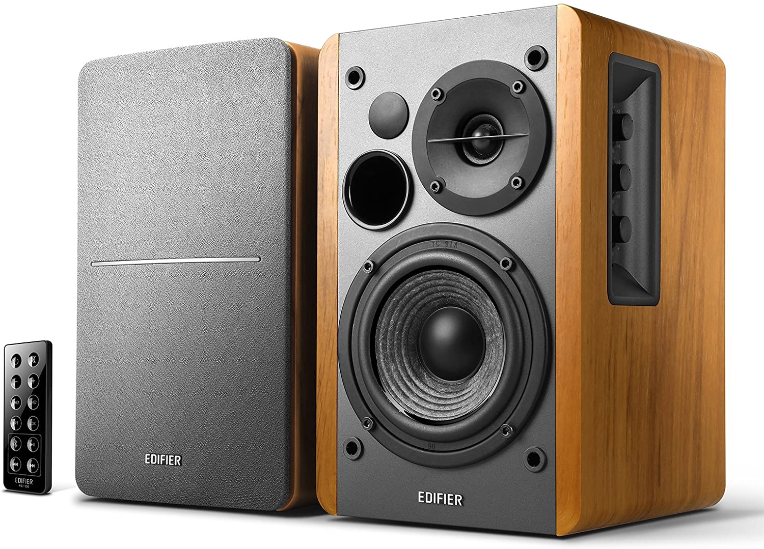 Edifier R1280DBS desktop speakers with wood finish and control knobs, designed for high-quality audio and home entertainment.