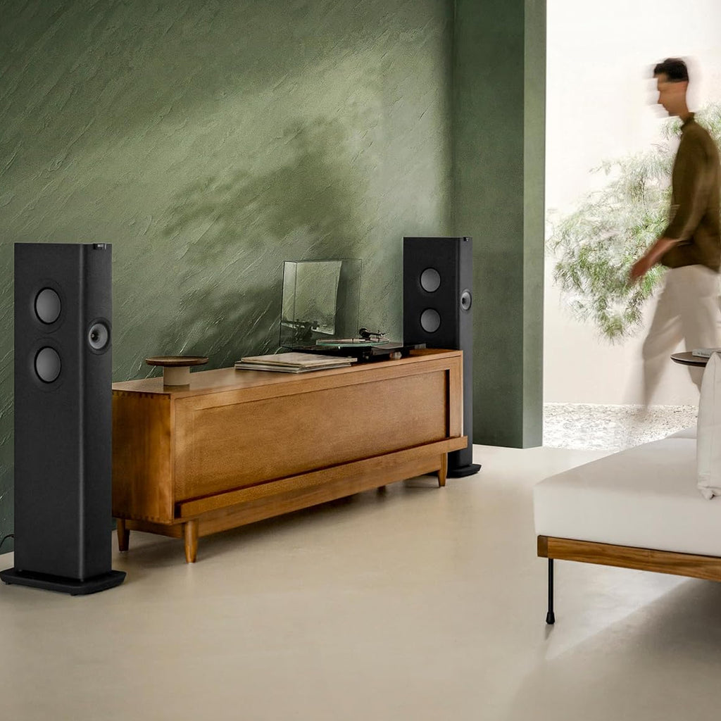 KEF LS60 Wireless floorstanding speakers with sleek black finish and modern design, showcasing high-quality audio performance.