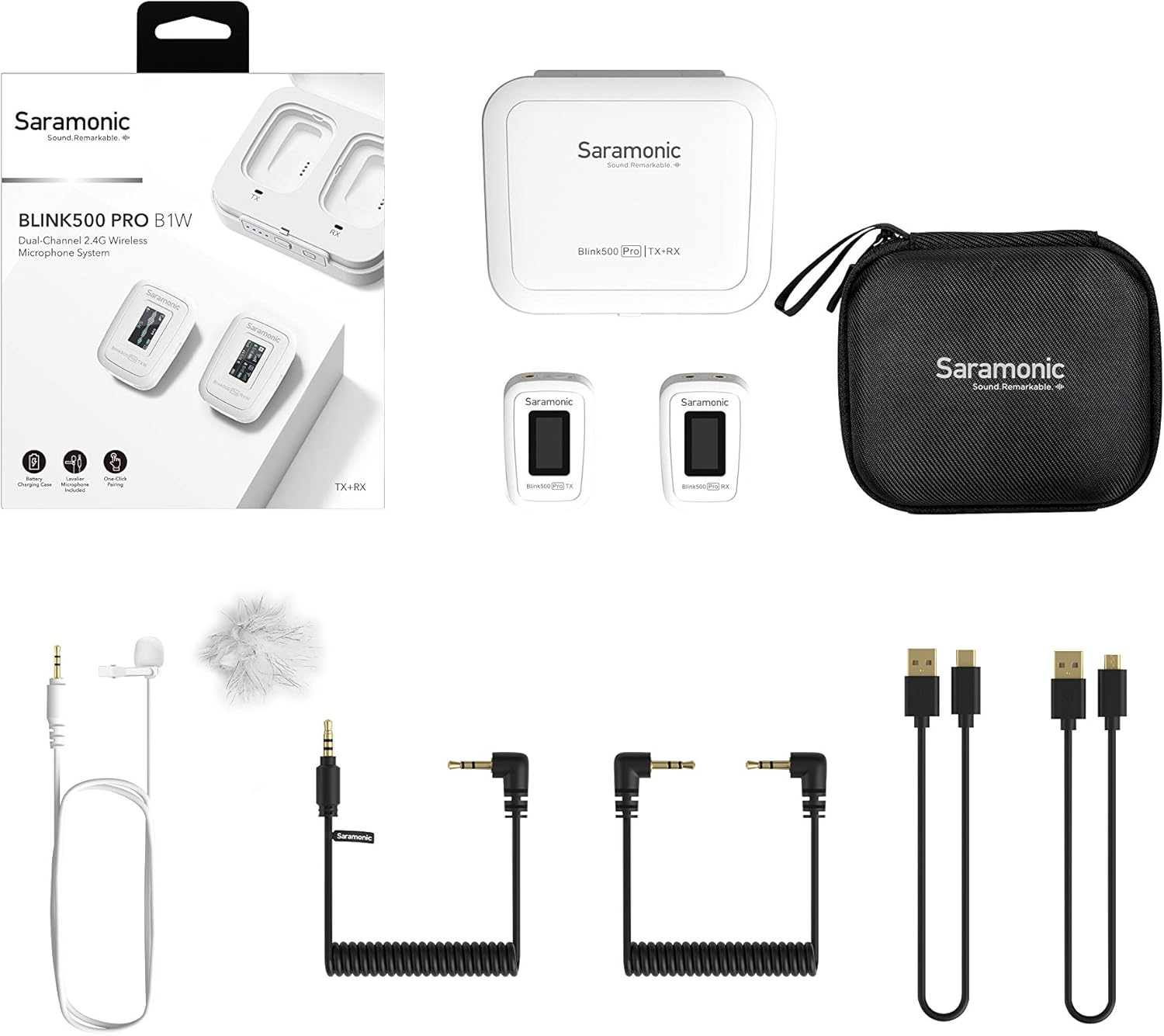 Saramonic Blink 500 Pro B1 wireless microphone system for creators, with transmitter and receiver in a compact setup.