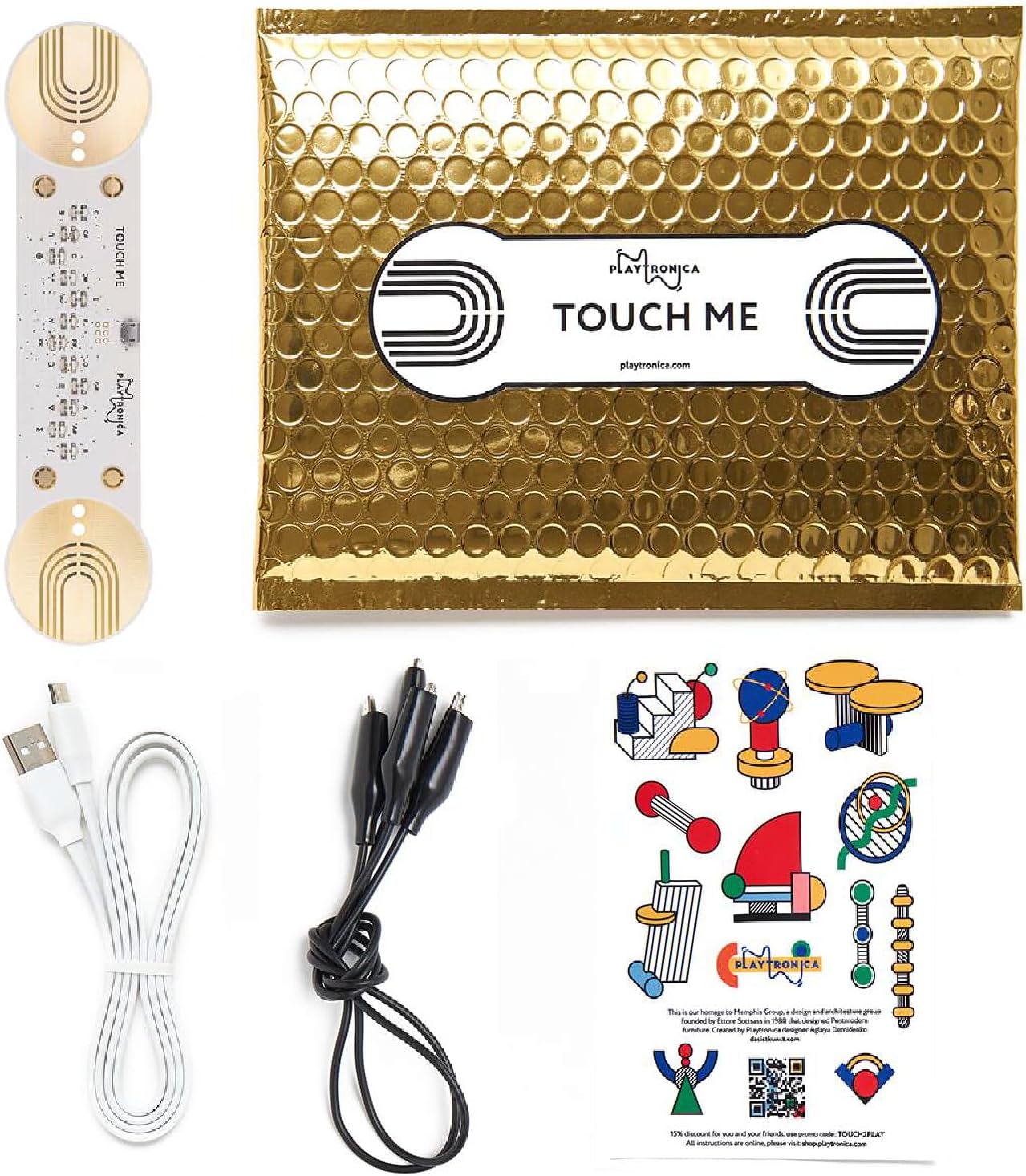 Playtronica TouchMe gadget in black with touch-sensitive surface and LED indicators, designed for interactive music creation.