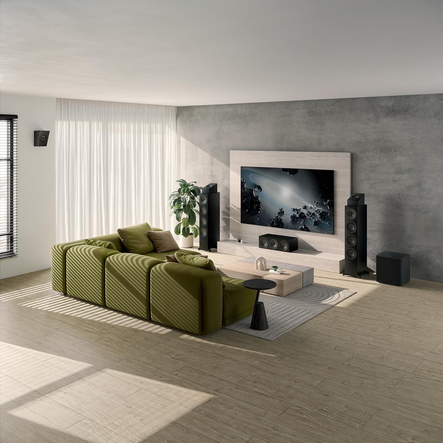 KEF Q6 Meta center speaker showing a sleek black speaker with a circular driver and modern design for home theater audio.