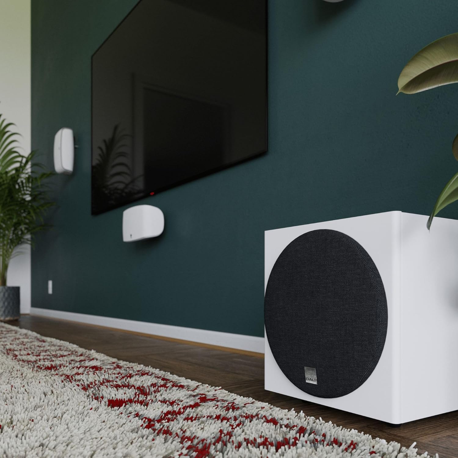 DALI Dali Sub E-9 F subwoofer with sleek black enclosure and front-firing driver, designed for deep bass and powerful sound.