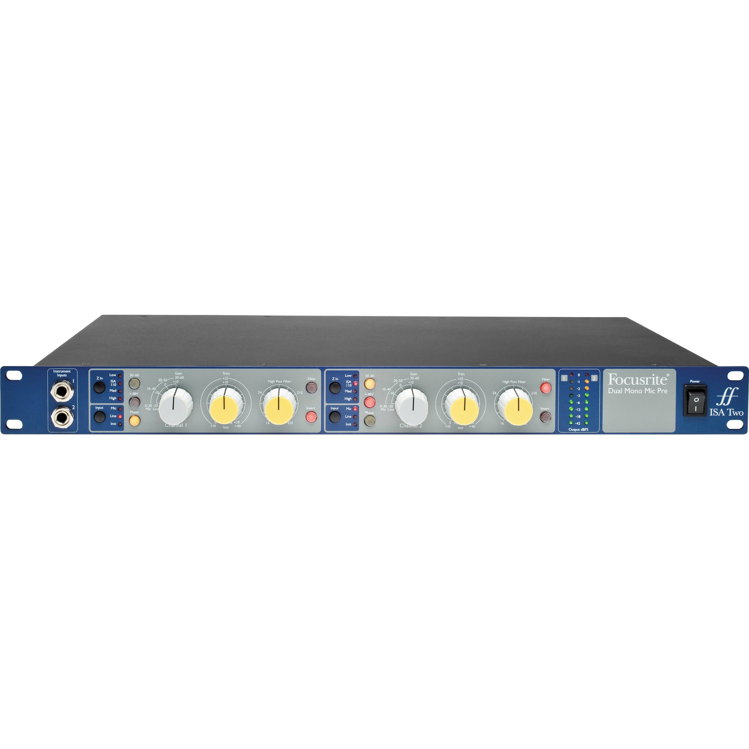 Focusrite ISA Two microphone preamp with dual channels and professional audio controls, shown in a close-up image.