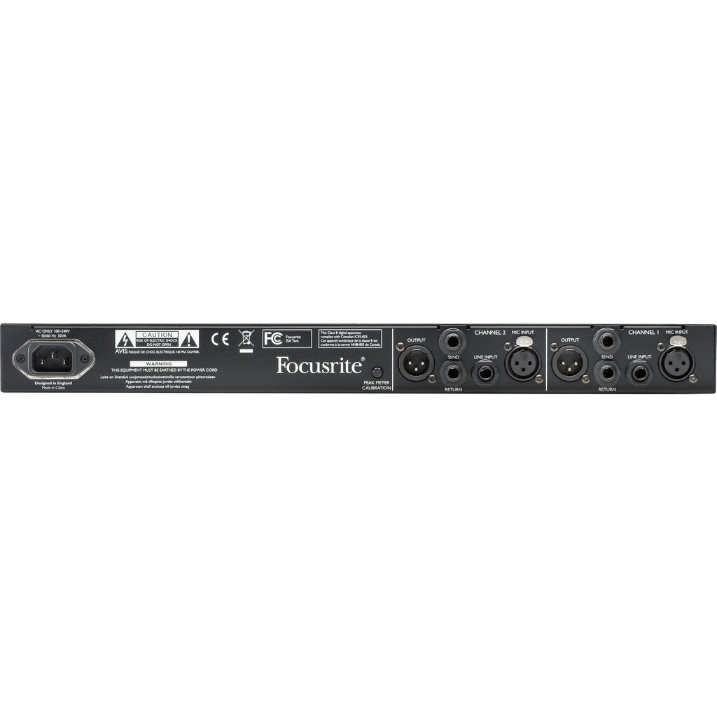 Focusrite ISA Two microphone preamp with two channels and vintage-style controls, shown in a professional audio setup.