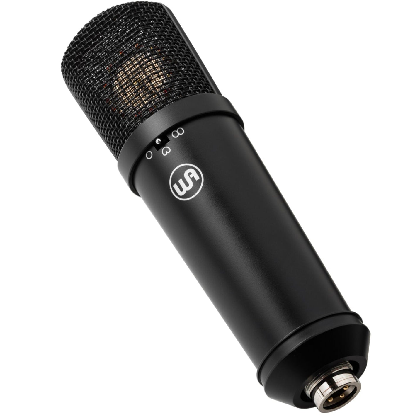 Warm Audio WA-87jr condenser microphone in black, shown at an angle with visible grille and body, ideal for studio recording.