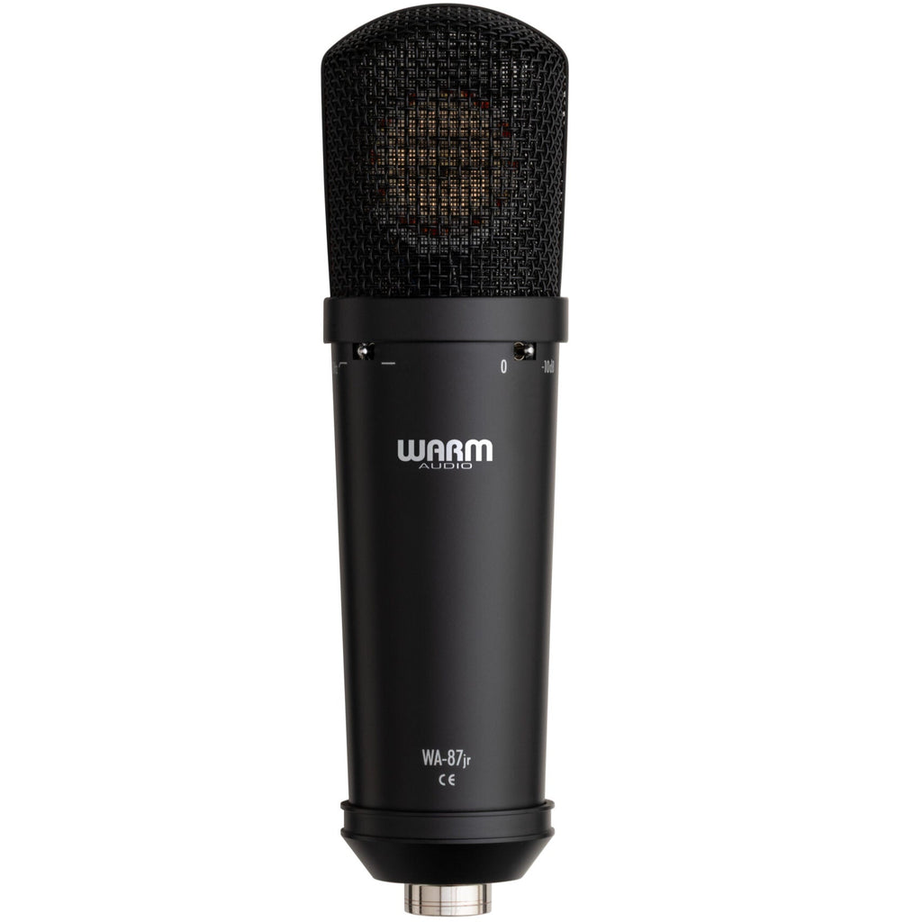 Warm Audio WA-87jr condenser microphone in black with a compact design, featuring a sturdy build and professional audio capture.
