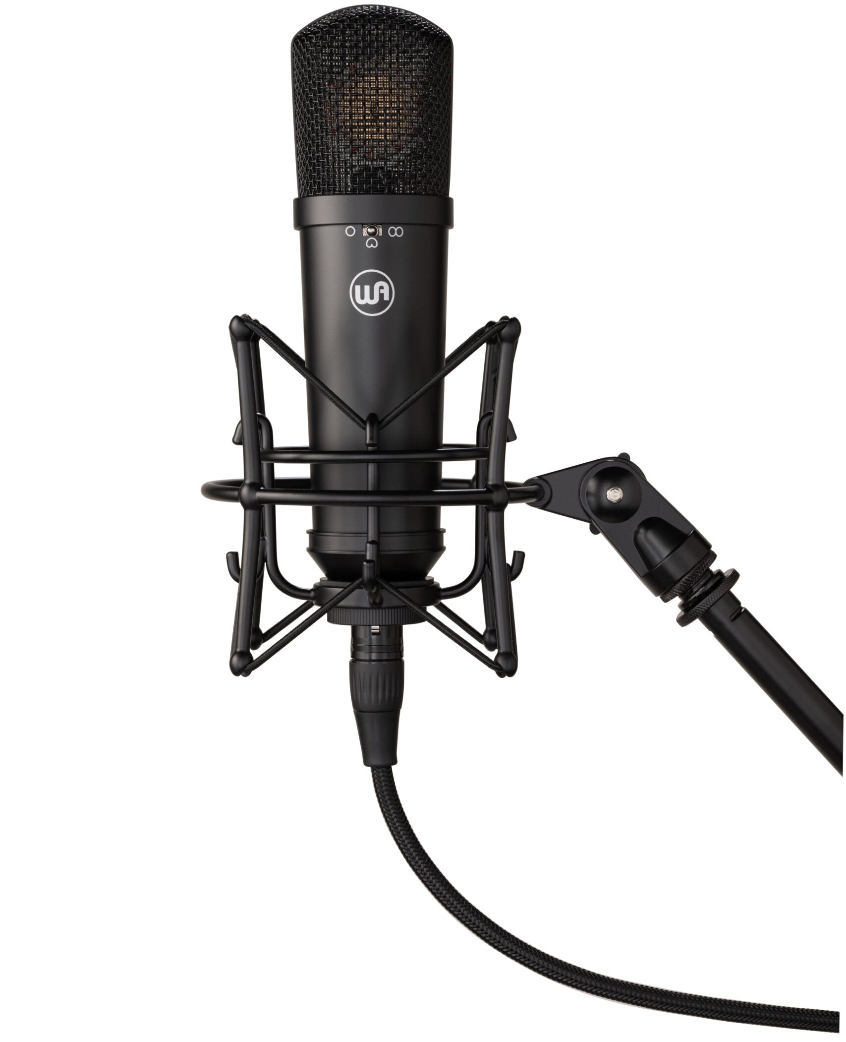 Warm Audio WA-87jr condenser microphone with black shock mount, showing the microphone and mounting accessories.
