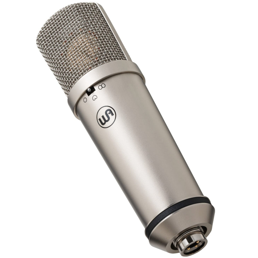 Warm Audio WA-87jr condenser microphone with nickel finish, shown from an angled side view highlighting its sleek design.