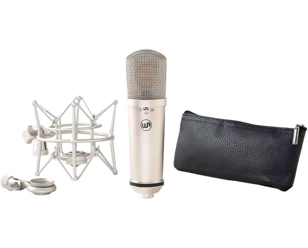 Warm Audio WA-87jr condenser microphone with nickel finish, shown in a group shot highlighting its compact design.