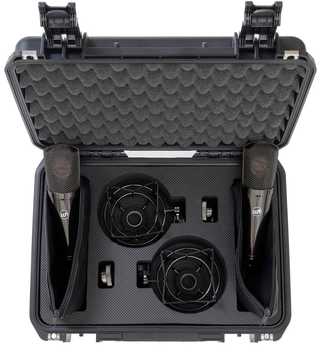Pair of Warm Audio WA-87 R2 TS stereo condenser microphones in protective cases, ready for professional recording.