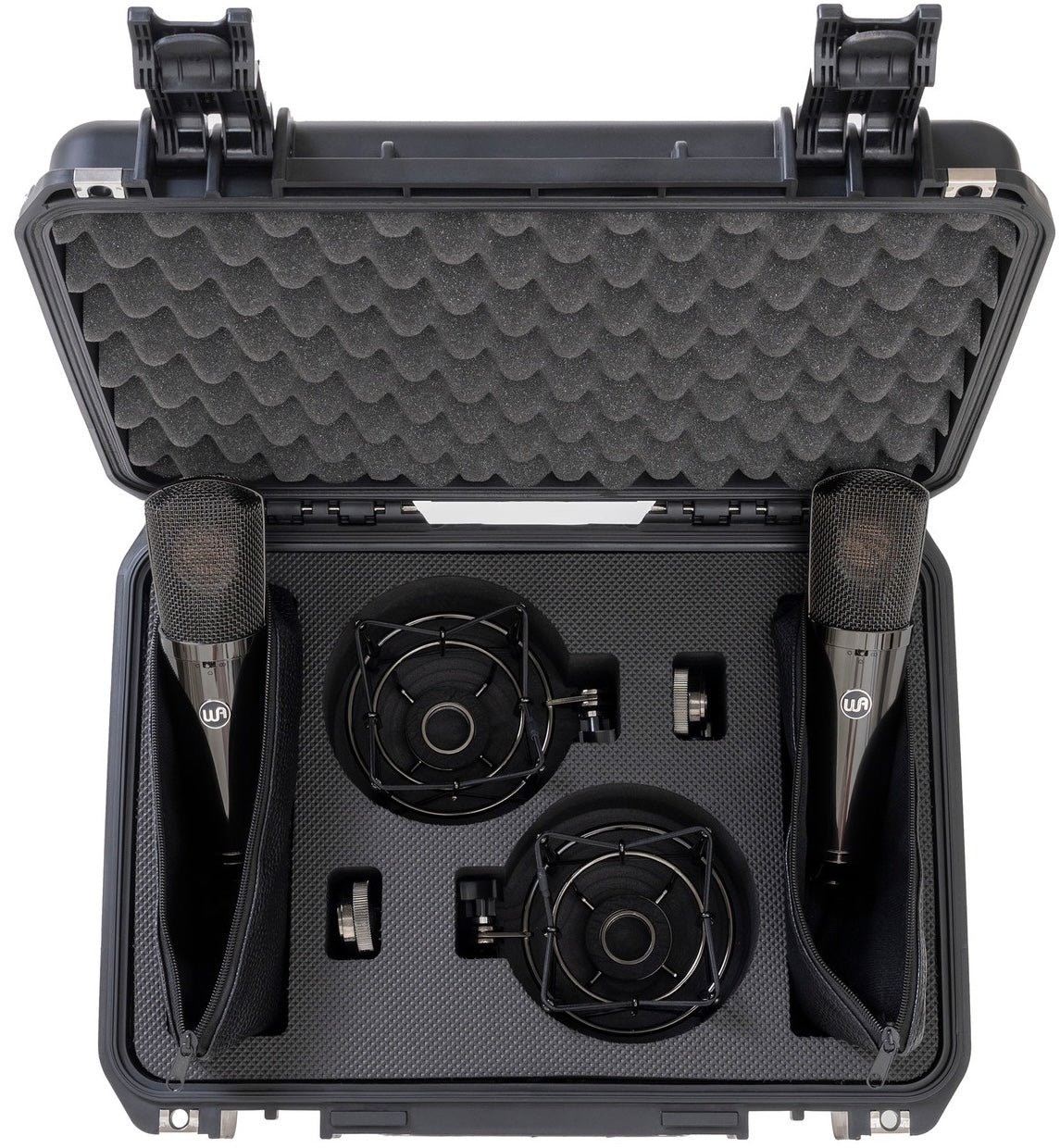 Pair of Warm Audio WA-87 R2 TS stereo condenser microphones in protective cases, ready for professional recording.