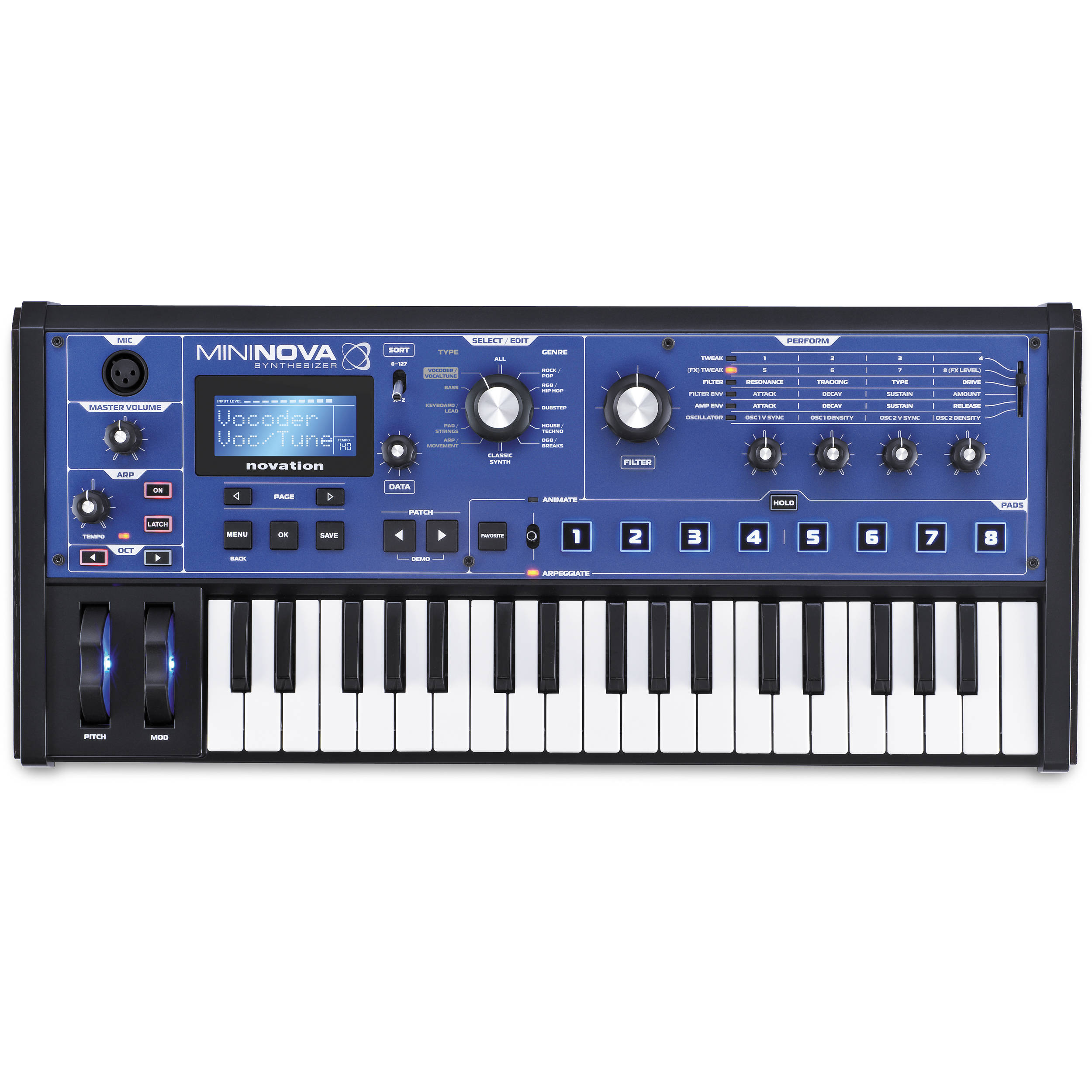 Novation MiniNova synthesizer with colorful knobs and buttons, compact design, and digital display on a black background.