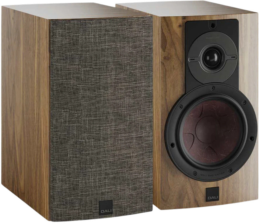 DALI Rubikore 2 passive bookshelf speakers with wood finish and compact design, showing front view with speaker grille.