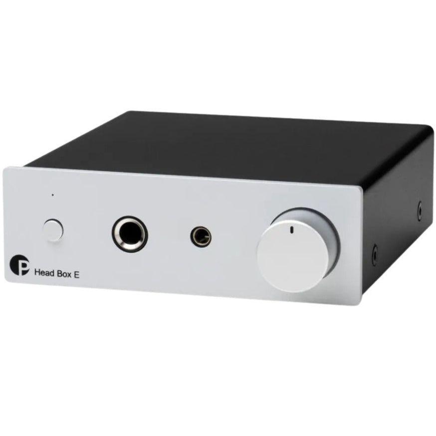 Pro-Ject Head Box E headphone amplifier and DAC with sleek black design and multiple input options for high-quality audio.