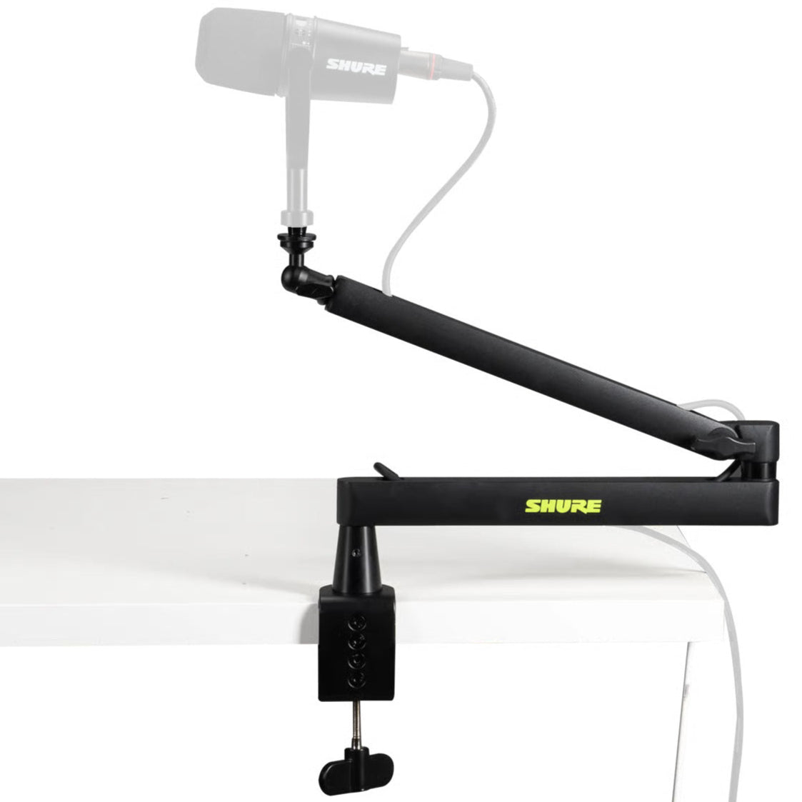 Shure SH-BROADCAST2 broadcast microphone arms mounted on a desk with adjustable arms and microphone attachment for professional broadcasting.