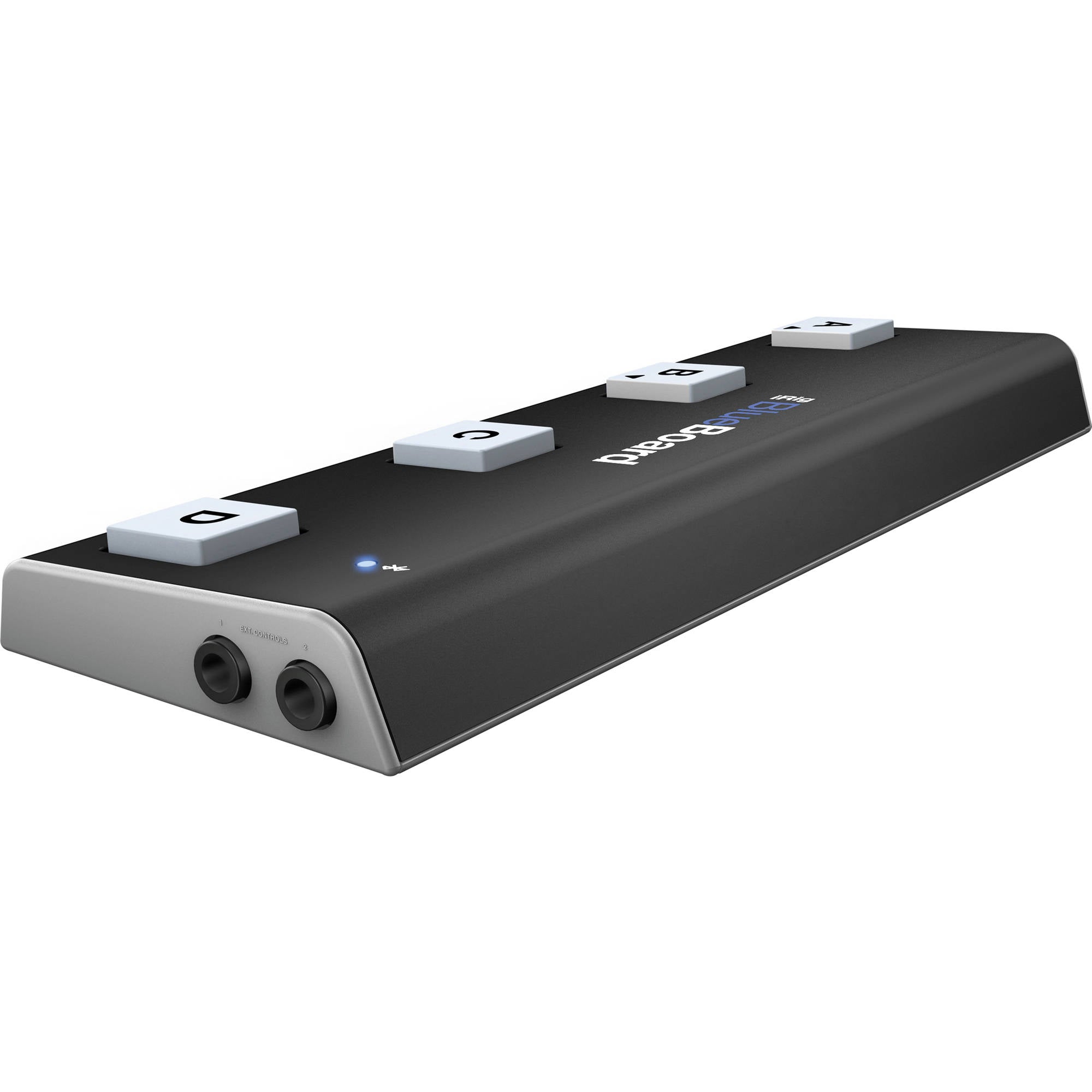 IK Multimedia iRig Blueboard MIDI footswitch with four foot pedals, compact black guitar pedal controller, on a white background.