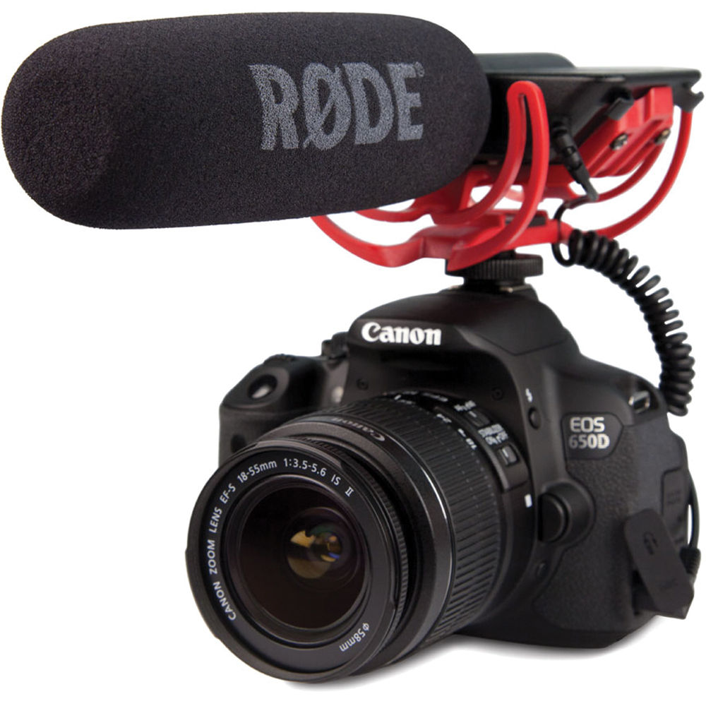 Rode VideoMic Rycote camera microphone mounted on a camera, featuring a shock mount for professional audio recording.