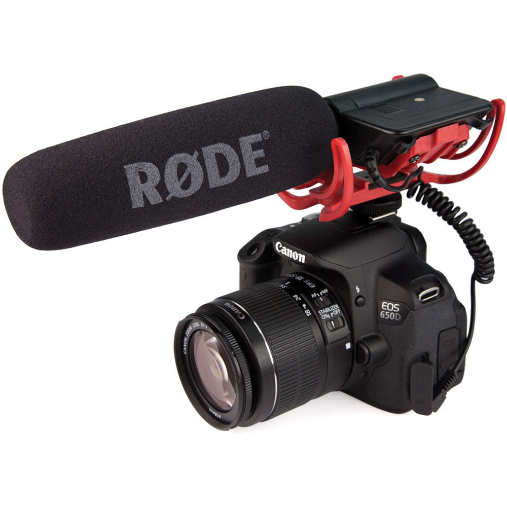 Rode VideoMic Rycote camera microphone mounted on a camera, showcasing its compact design and wind protection features.