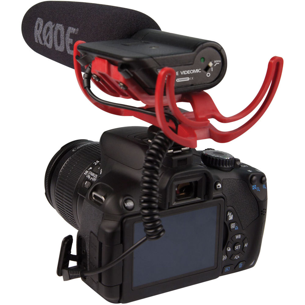 Rode VideoMic Rycote camera microphone mounted on a camera, with shock mount and windscreen for professional audio recording.