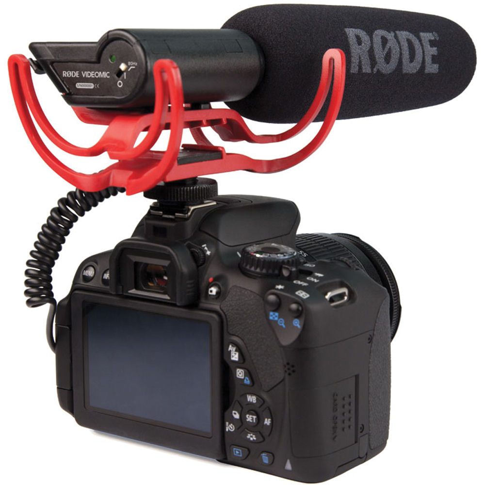 Rode VideoMic Rycote camera microphone mounted on a DSLR camera, showing its compact design and shock mount for clear audio recording.