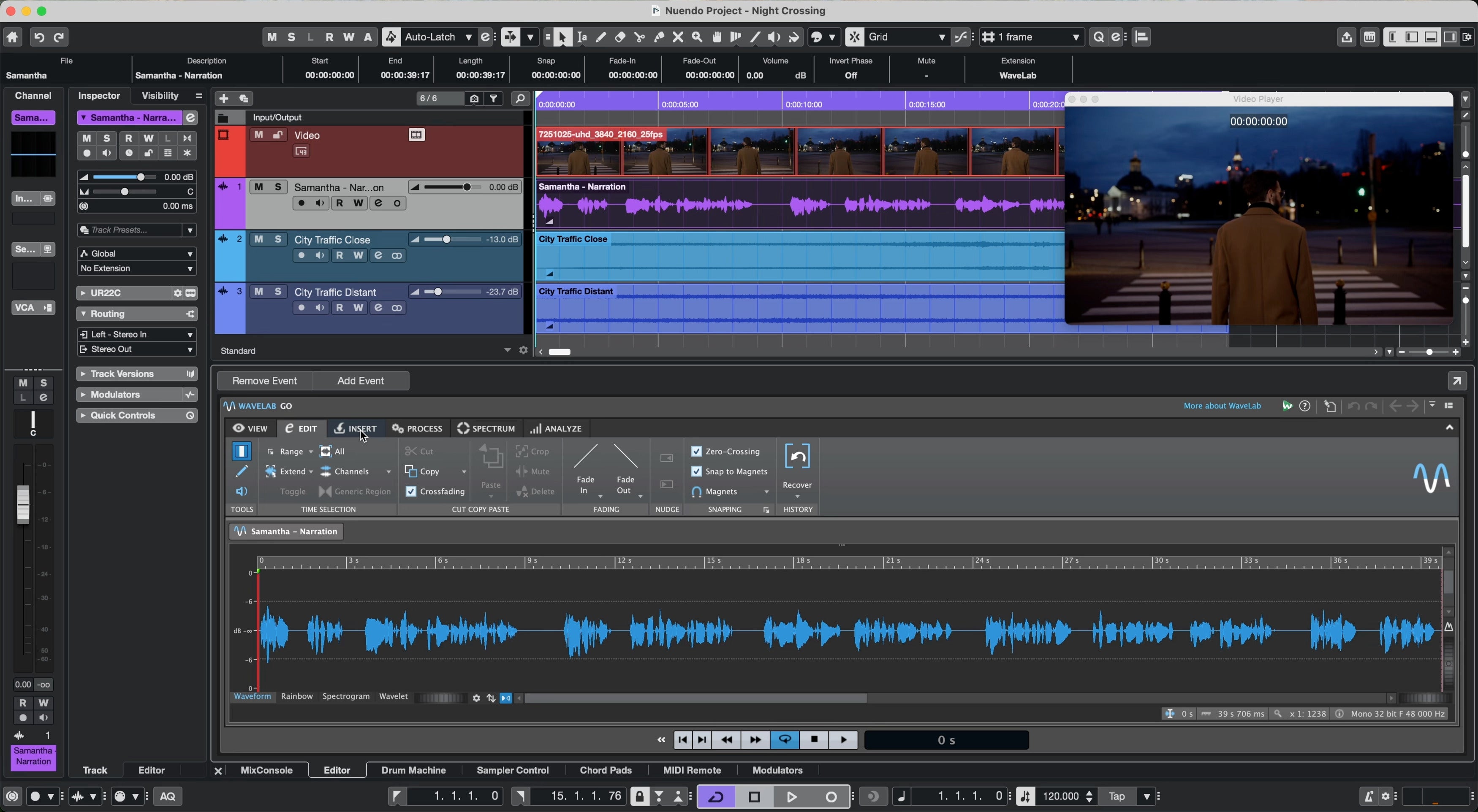 Steinberg Nuendo 15 DAW software interface on a computer screen, showing audio editing and mixing features.