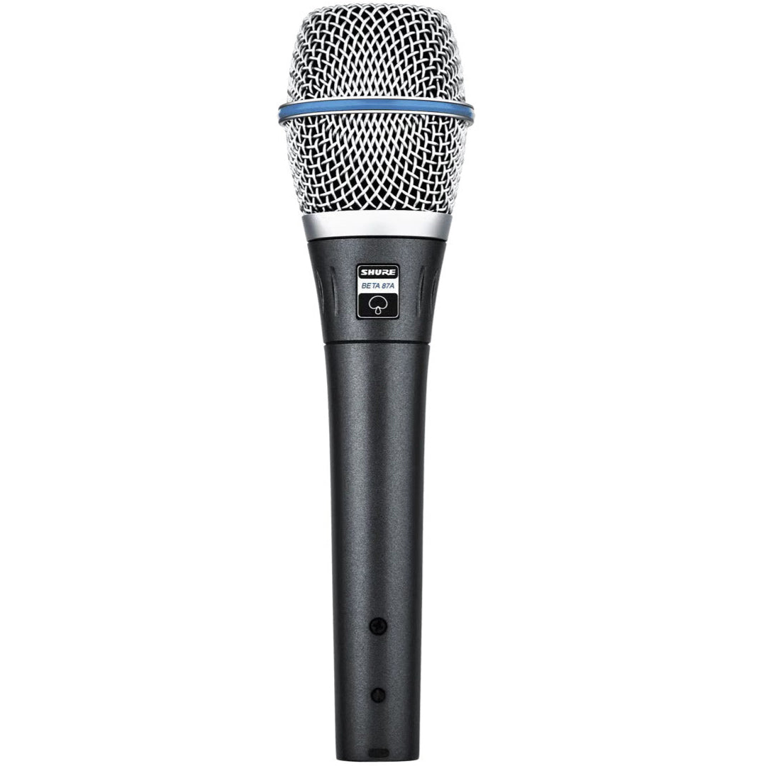 Shure Beta 87A condenser microphone with a black body and built-in windscreen, designed for professional vocal recording.