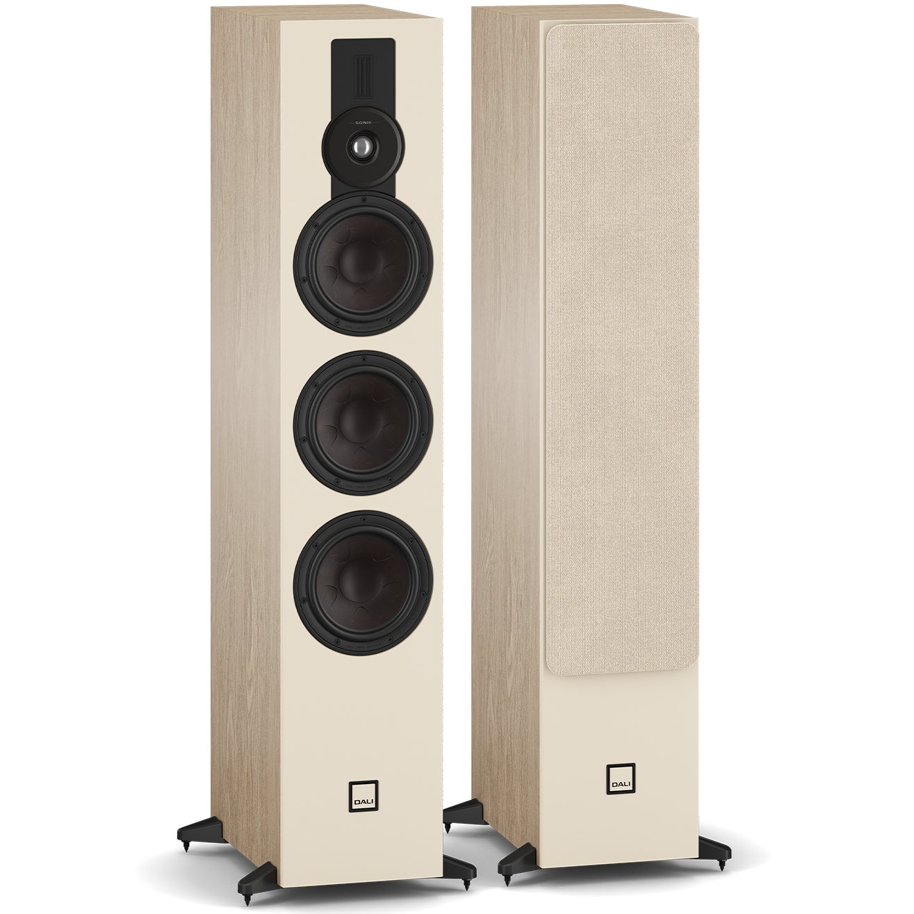 DALI Sonik 9 passive floorstanding speakers with sleek black cabinets and multiple driver units for high-quality sound.