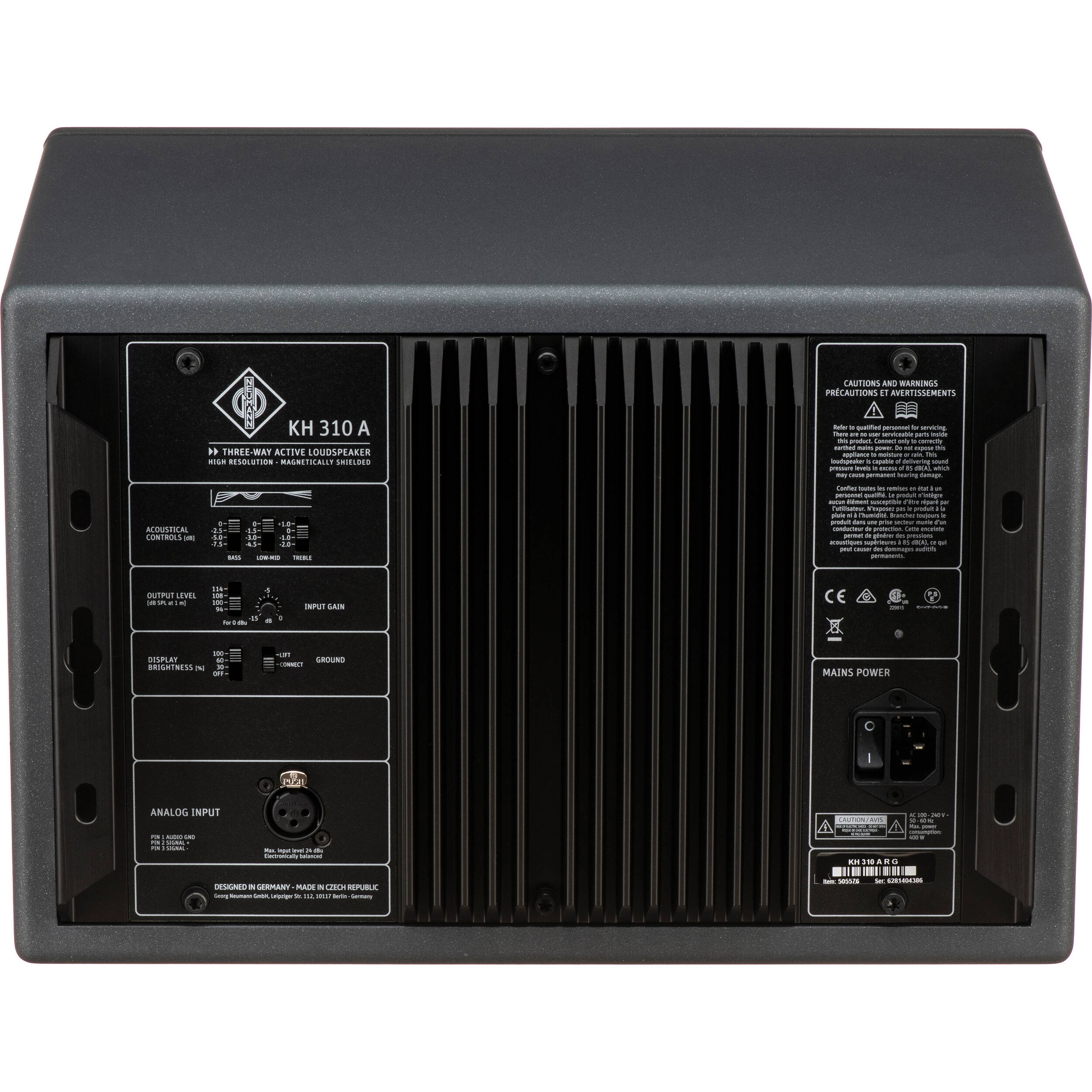 Neumann KH 310 A R G mid-field monitor speaker showing a sleek black front with control panel and branding.