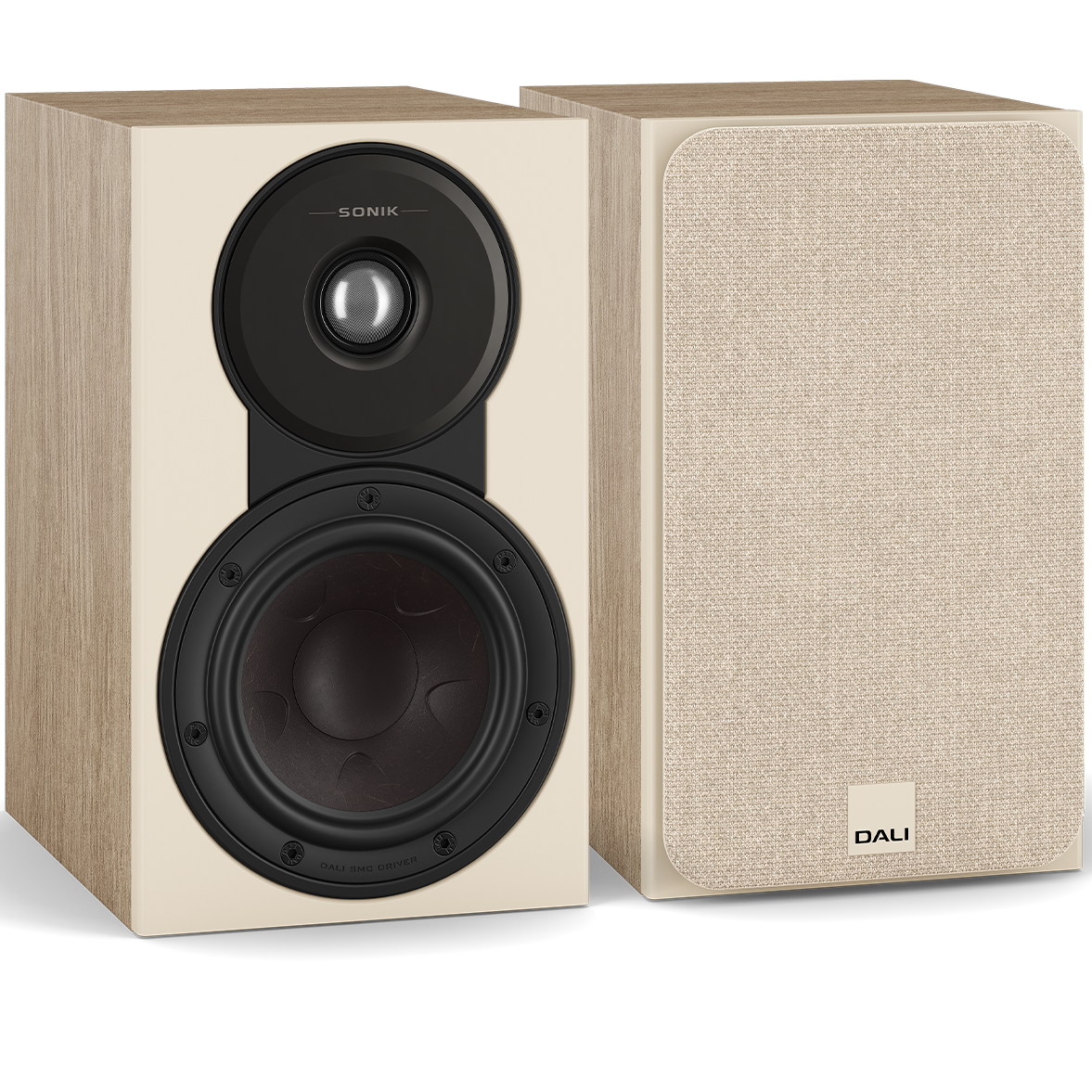 DALI Sonik 1 passive bookshelf speakers with black finish, compact design, and dual drivers for high-quality stereo sound.