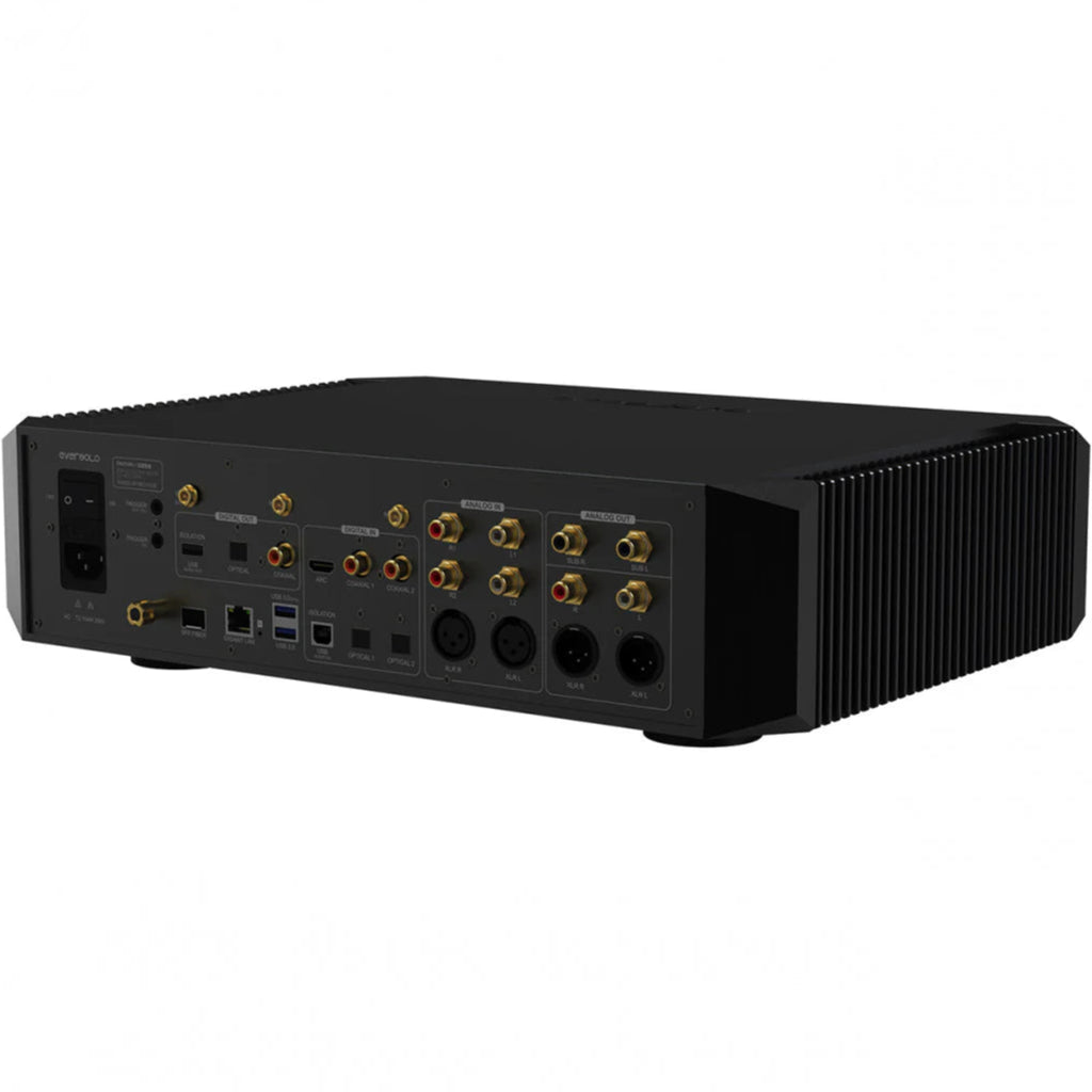 Eversolo EverSolo DMP-A10 music streamer shown from rear angle, featuring various audio output ports on a sleek black device.