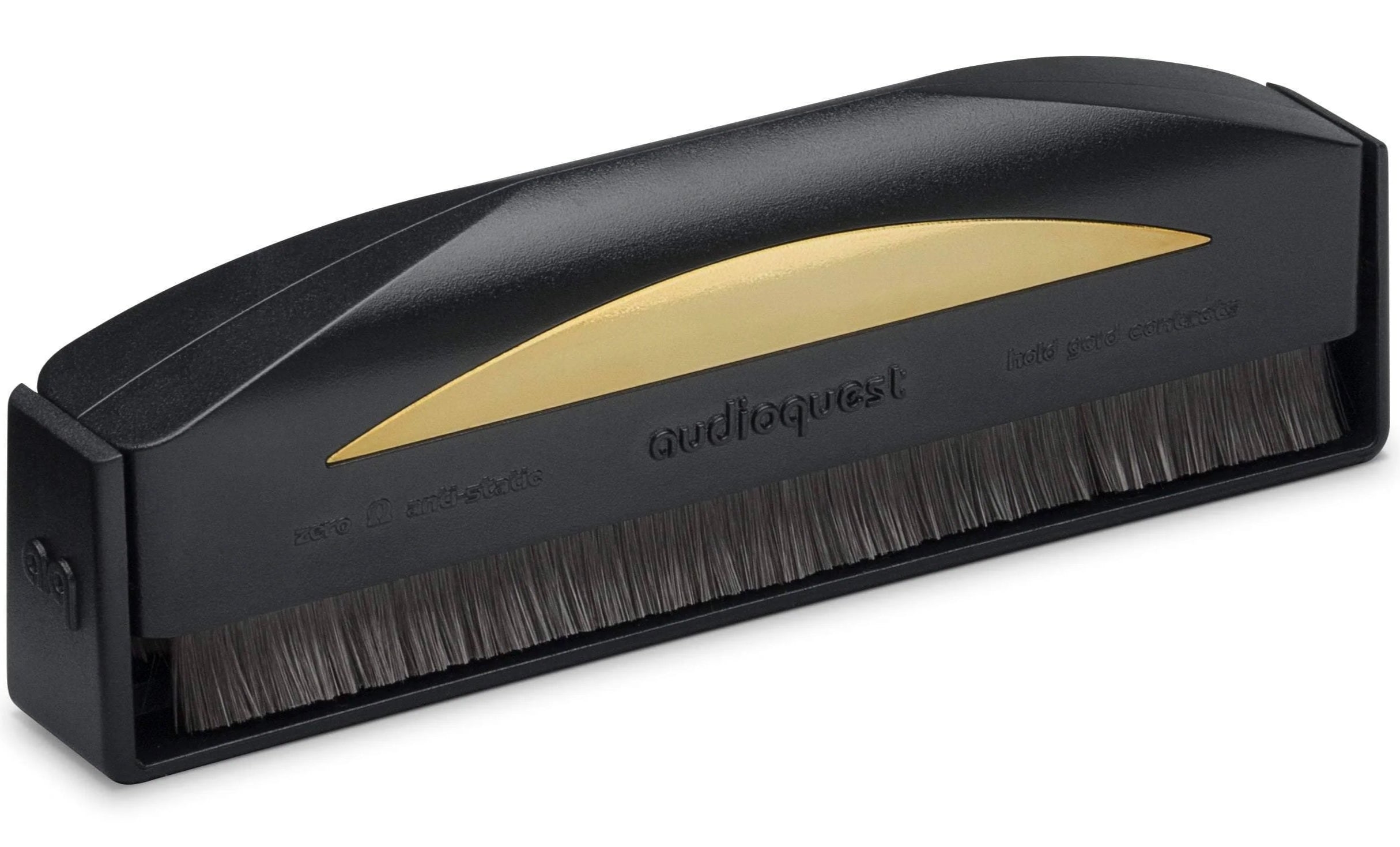 AudioQuest Gold Anti-Static Record Brush for cleaning vinyl records, featuring anti-static bristles and gold accents.