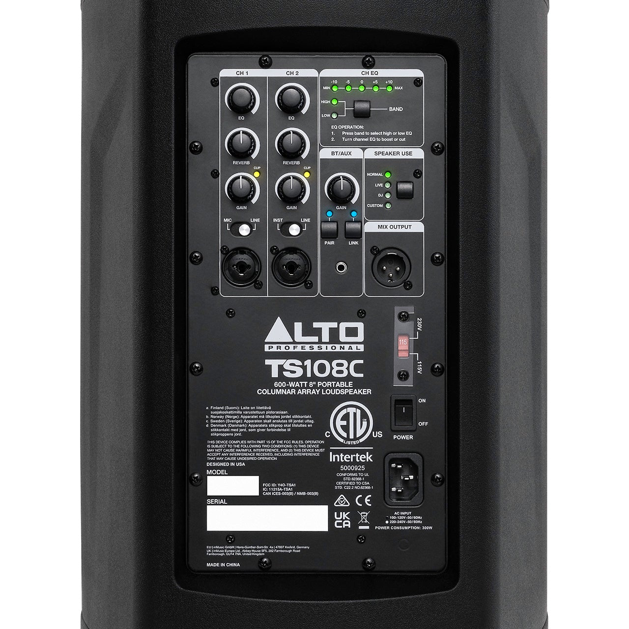 Alto Professional TS108C active column speaker with sleek black finish and multiple speaker drivers, ideal for professional sound setup.