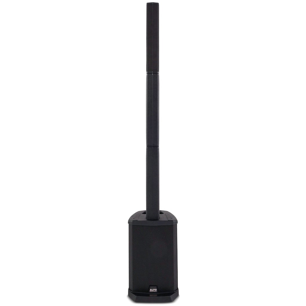 Front view of Alto Professional TS108C active column speaker showing its sleek black design and control panel.