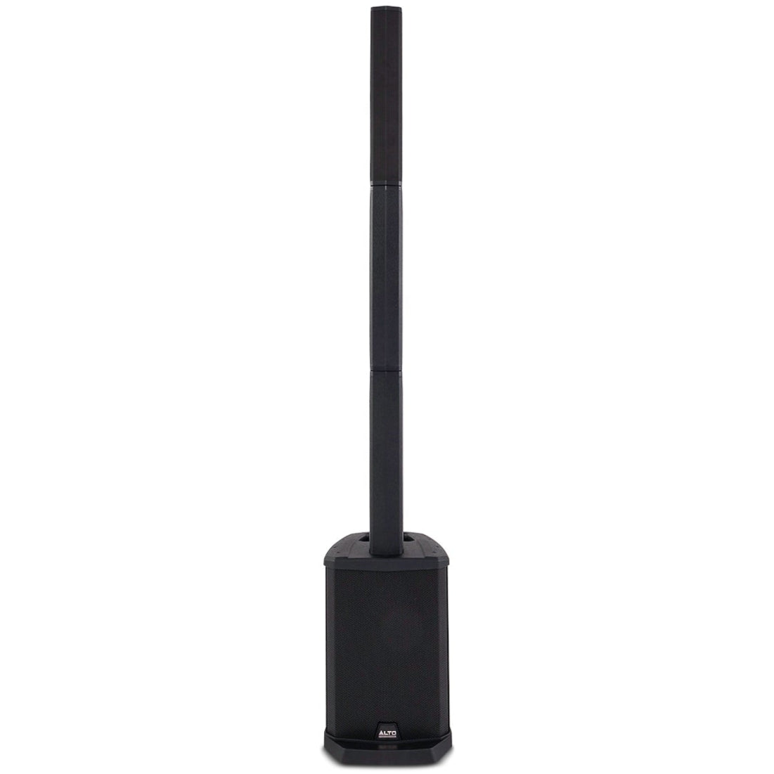 Front view of Alto Professional TS108C active column speaker showing its sleek black design and control panel.