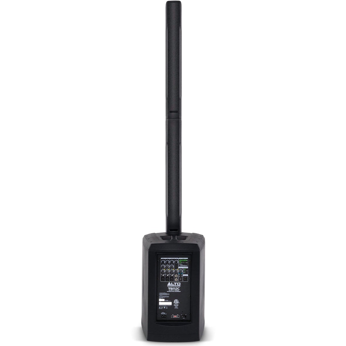 Rear view of Alto Professional TS112C active column speaker showing controls and input connections.