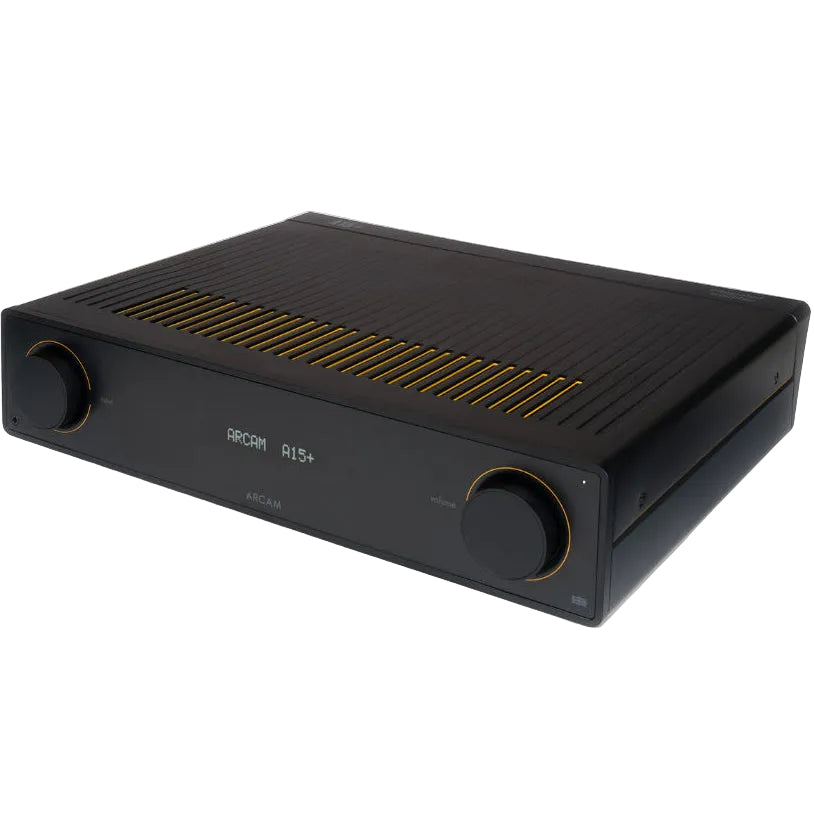 Arcam A15+ stereo integrated amplifier, B-stock, with sleek black design and control knobs on the front panel.