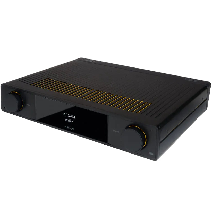 Arcam A25+ stereo amplifier with sleek design, featuring control knobs and input ports, ideal for high-quality audio systems.