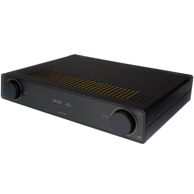 Arcam A5+ stereo amplifier with sleek black finish and control knobs, designed for high-quality audio listening.