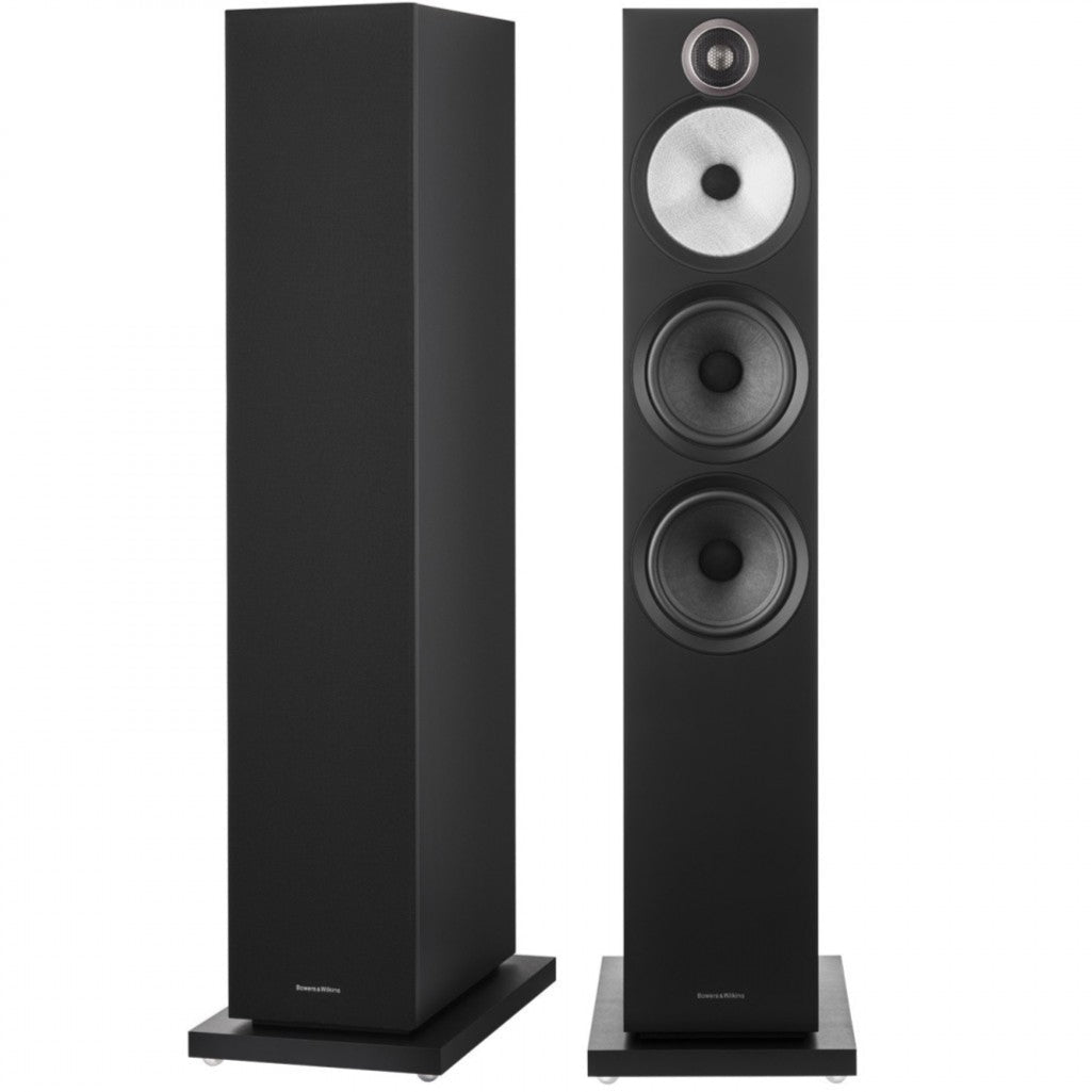 Black Bowers & Wilkins 603 S3 passive floorstanding speakers with sleek design and multiple speaker drivers.
