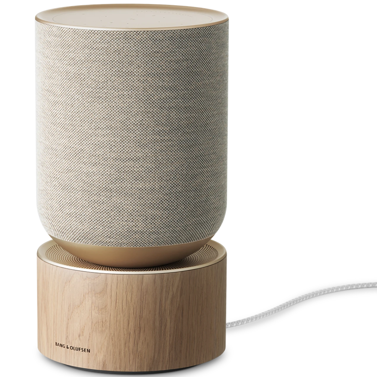 Bang & Olufsen Beosound Balance wireless speaker with natural wood finish and sleek design, showcasing its modern aesthetic.
