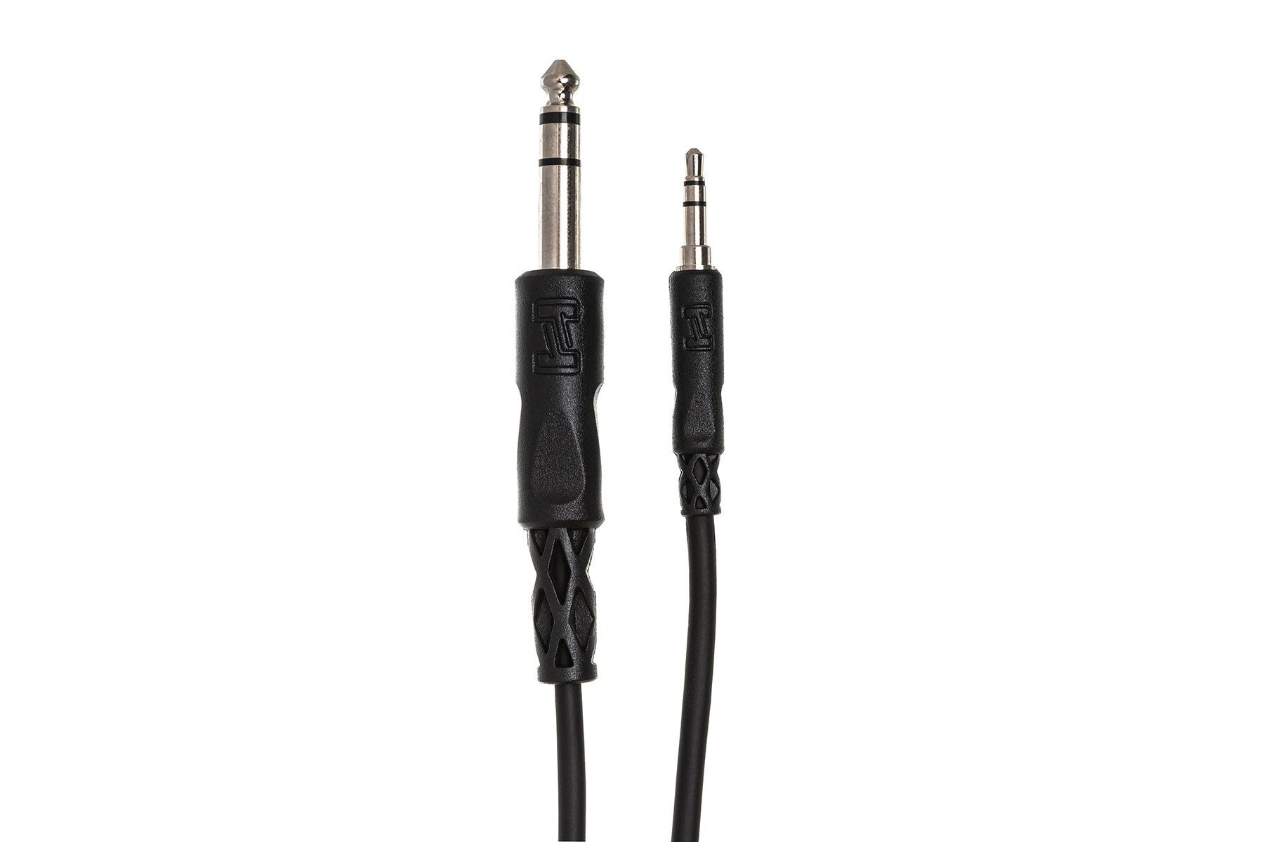 Hosa CMS-100 3.5mm TRS - 6.3mm TRS Stereo cable, 3.5mm TRS and 6.3mm TRS connectors close-up