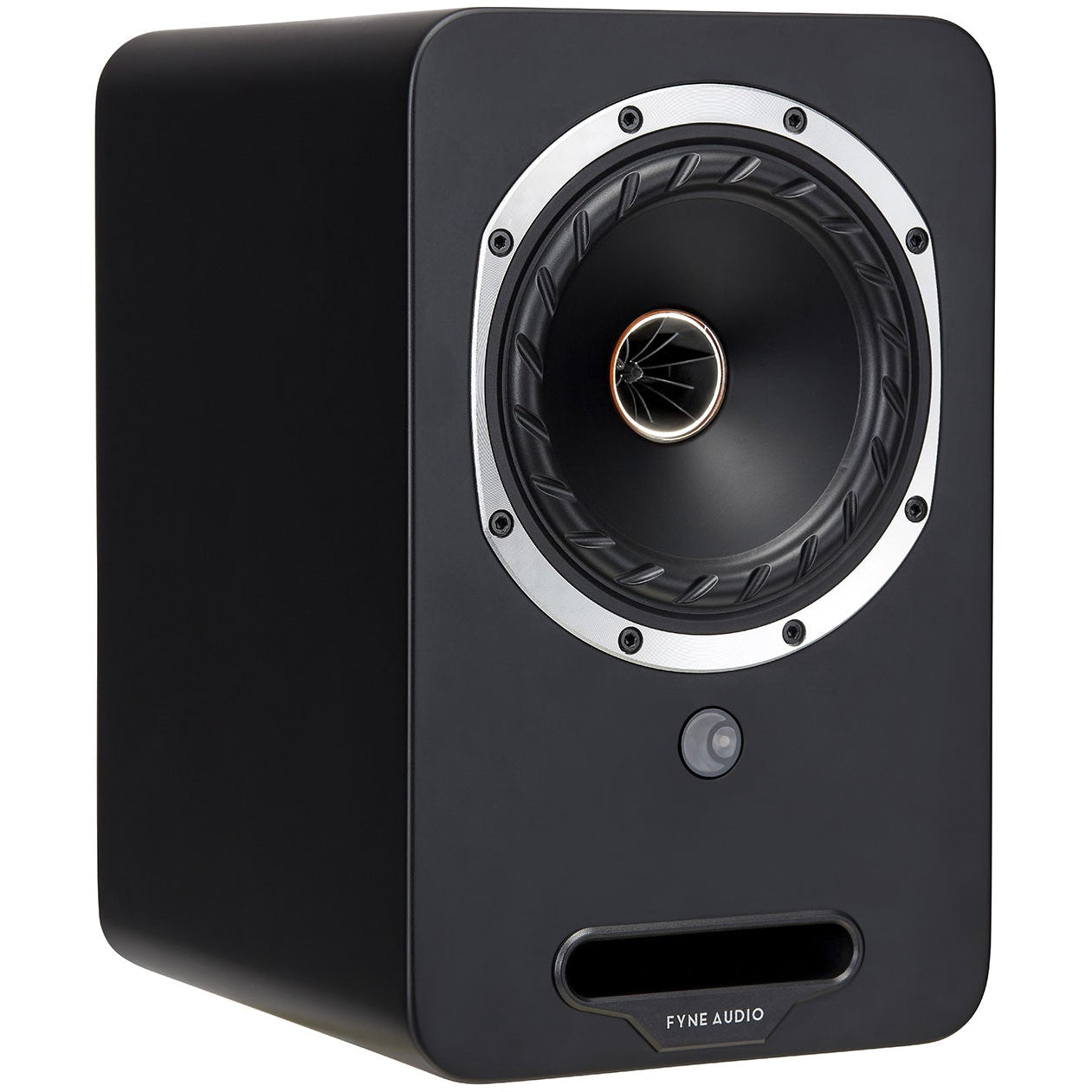 Fyne Audio Cubitt 5 active bookshelf speakers in midnight black with sleek design and compact form for high-quality sound.