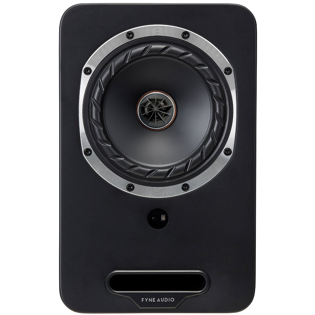 Fyne Audio Cubitt 5 active bookshelf speakers in midnight black, front view showing sleek design and speaker drivers.