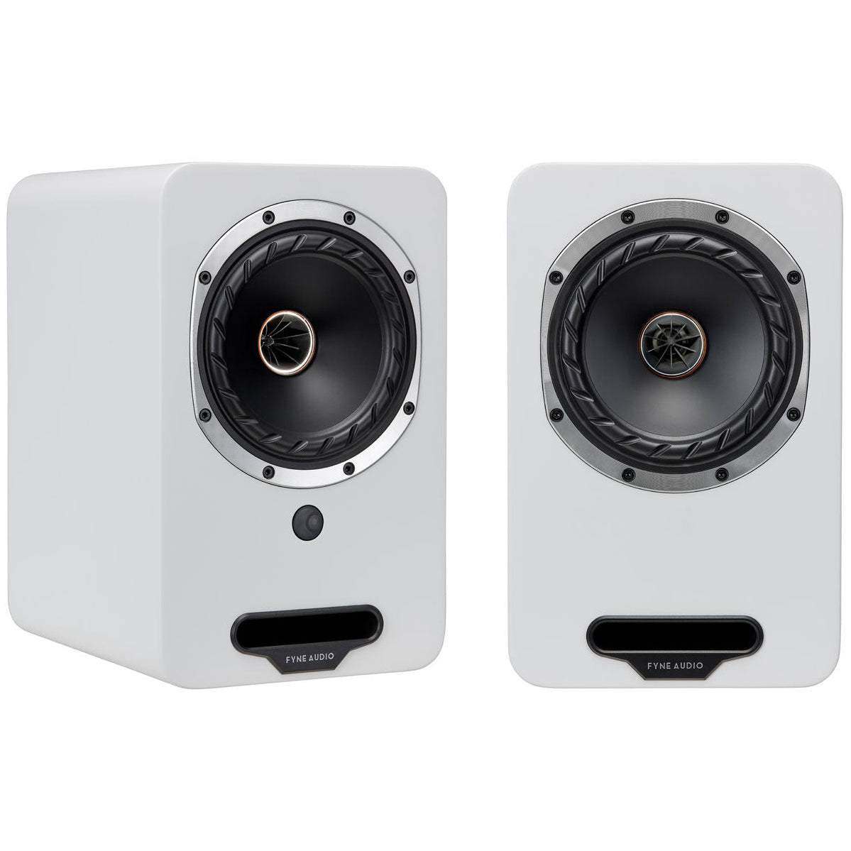 Pair of Fyne Audio Cubitt 5 active bookshelf speakers in Arctic White, showcasing sleek design and high-quality audio components.