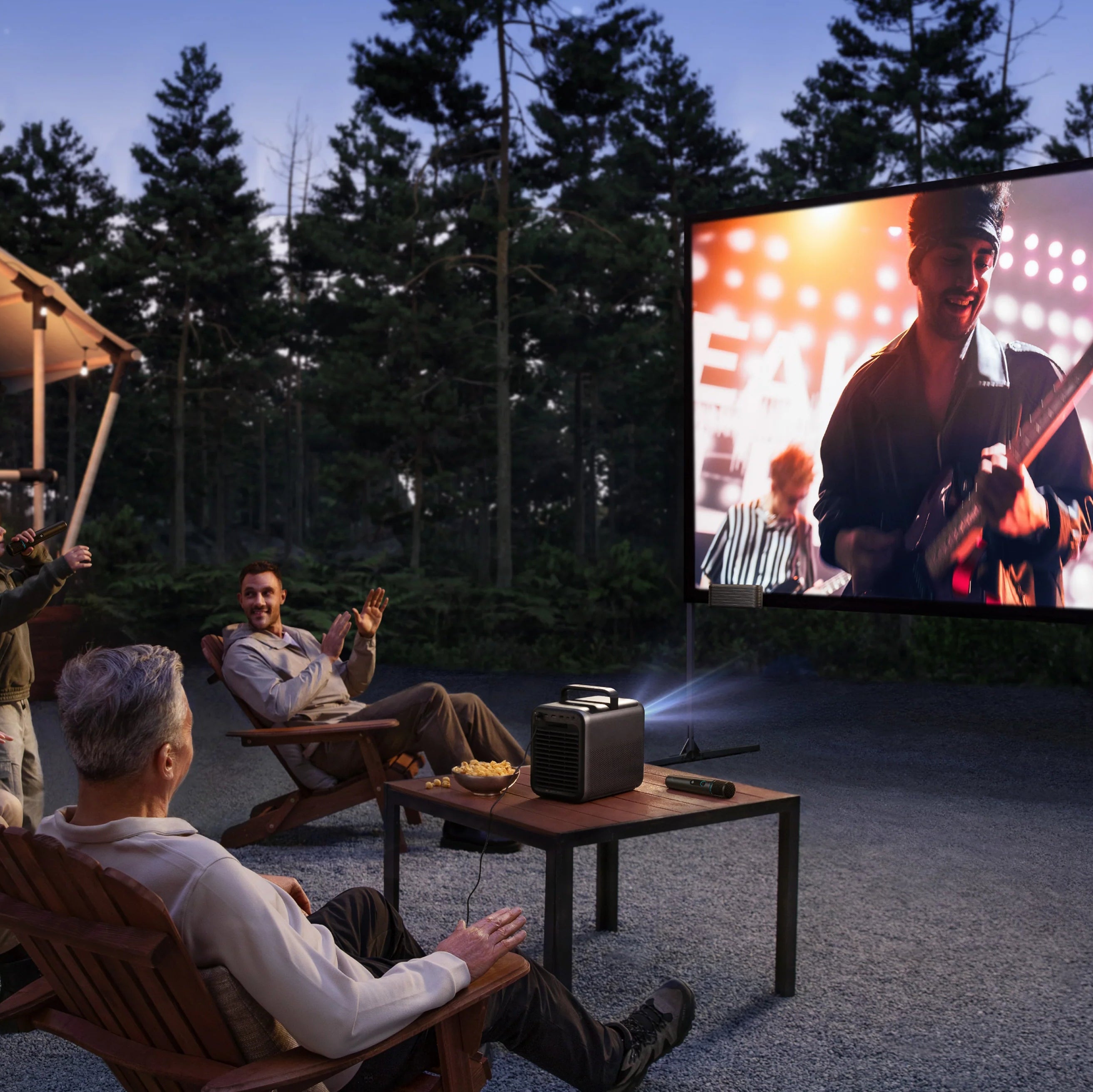 Nebula X1 projector displaying a vibrant movie scene on a wall in a modern living room setting.